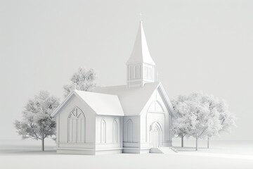 A white church with a steeple and a cross on top. The church is surrounded by trees and has a peaceful