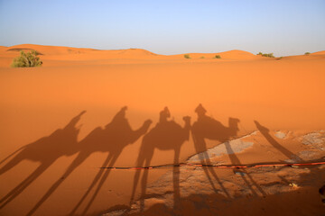 The Sahara Desert in Morocco, Africa, with the silhouette of riders on a camel. - obrazy, fototapety, plakaty