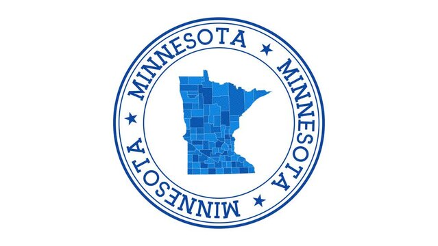 Minnesota intro. Badge with the circular name and map of US state. Minnesota round logo animation.