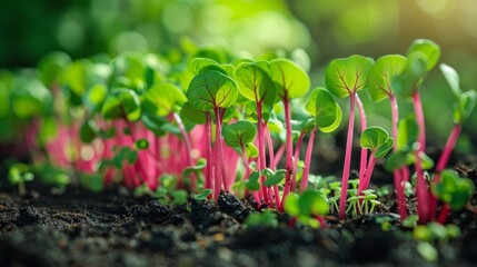Group of Small Green Plants Growing in Dirt - obrazy, fototapety, plakaty