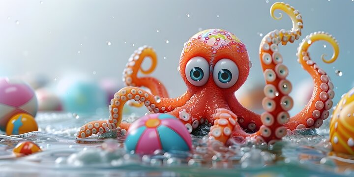 Cheerful Cartoon Octopus Frolicking with Coastal Playthings in Vivid Underwater Realm