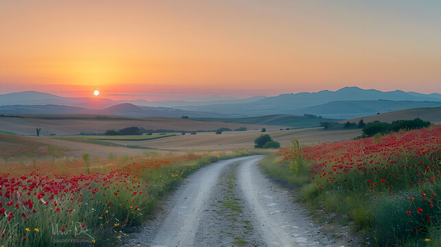 A photo of the Camino de Santiago, with vibrant fields as the background, during sunrise