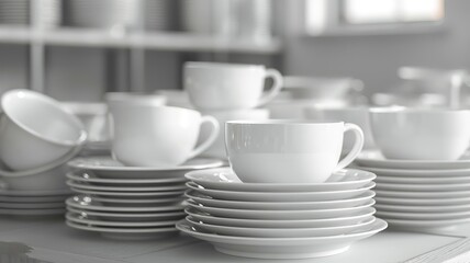 Fototapeta na wymiar White porcelain dinnerware set glowing in ambient light for elegant table settings