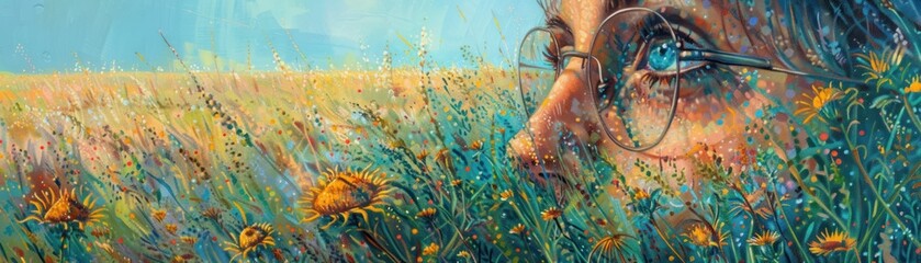 Amidst a serene meadow a subject peers through glasses revealing the landscape in pointillism style  - obrazy, fototapety, plakaty