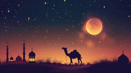 Rolgordijnen happy eid al adha vector illustration with camel silhouette © Naila