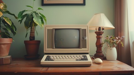 Retro personal computer setup on a wooden desk with plant decor in a pastel room