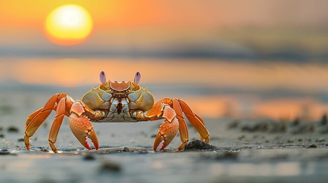 Funny Crab Arthropod looks on sunrise in the early morning time. Animals and save nature concept image.