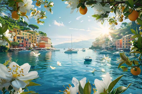 White flowers, orange tree, flowers, in the back luxury yachts sailing on the lake. Flowering flowers, a symbol of spring, new life.