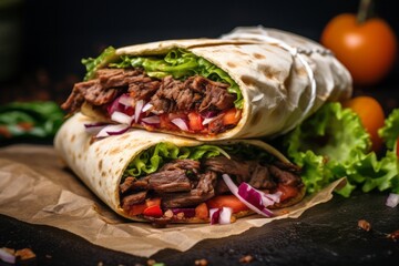 Delicious doner kebab on a marble slab against a natural brick background