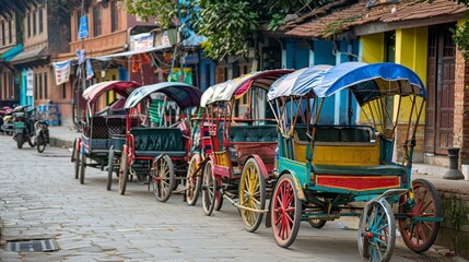 Fototapeta na wymiar Katmandu / Nepal - September 01 2018: A row of rickshaws waiting for customers.