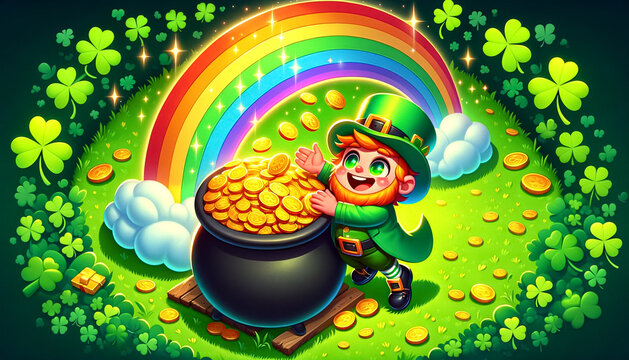 Saint Patrick-s Day concept with a cartoon or anime style- depicting an aerial view of a leprechaun-s pot of gold coins