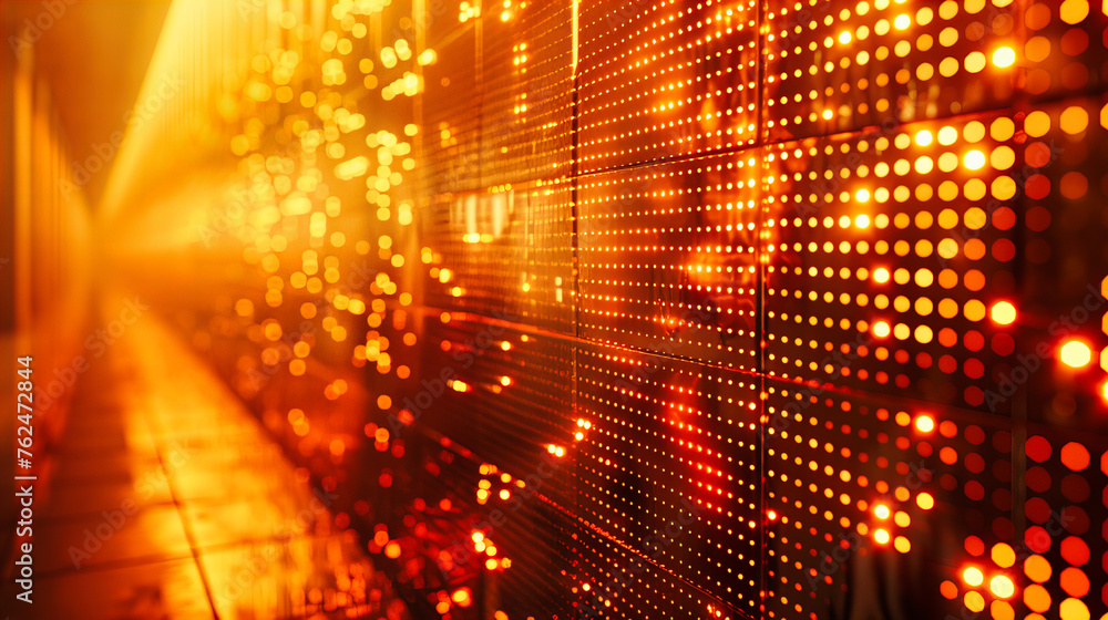 Poster led technology abstract with bright blue and red lights, textured digital background in macro view