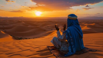 man performing prayer in sahara desert in evening - obrazy, fototapety, plakaty