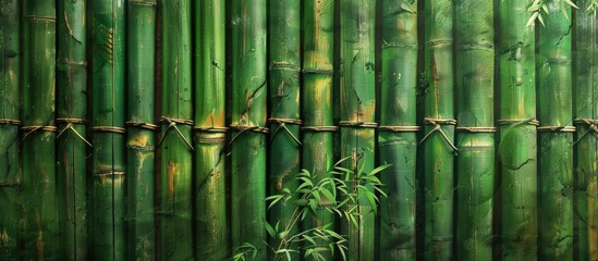 A detailed shot showcasing a bamboo fence with a vibrant terrestrial plant emerging from it,...
