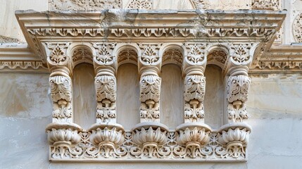 Marble capitals and stucco decoration of the portico in Patio del Cuarto Dorado in Mexuar in Comares Palace Alhambra, Andalusia, Spain. Magic breathtaking carved decoration in orient style. - obrazy, fototapety, plakaty