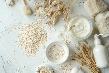 Detail of bath products with oat extract with straws and flakes on white table. Top view. Horizontal composition.