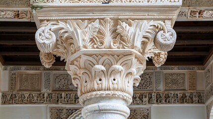 Marble capitals and stucco decoration of the portico in Patio del Cuarto Dorado in Mexuar in Comares Palace Alhambra, Andalusia, Spain. Magic breathtaking carved decoration in orient style.