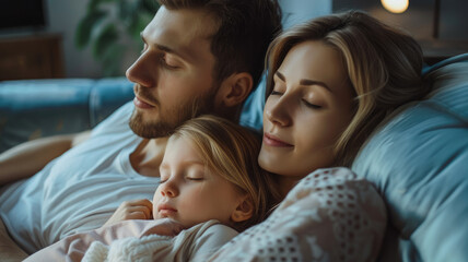 Obraz premium Relaxed young family resting and dreaming about new home on comfortable sofa together at home, happy young parents with little daughter relax enjoying nap relaxing or meditating.