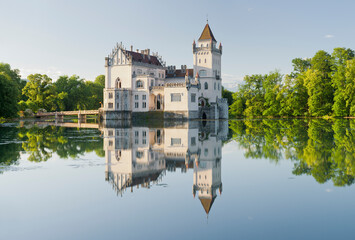 Obraz premium Österreich, Salzburg, Schloss Anif, Wasserschloss, Park, Spiegelung