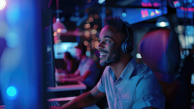 Portrait of call center worker accompanied by his team. Smiling customer support operator at work.