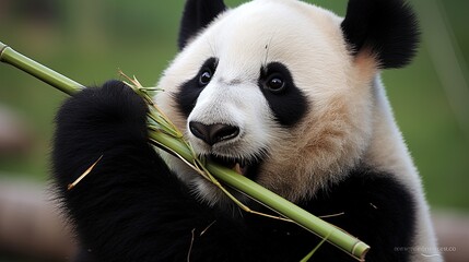 A panda eats a large bamboo stalk. Bamboo bliss for the charming panda.