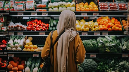 Muslim woman at grocery store. A glimpse of everyday life as the Muslim woman gracefully navigates the grocery store. - obrazy, fototapety, plakaty