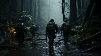 A group of military men in field uniform follows a shadowed path in a dense, foggy forest. Concept: military exercises, survival in extreme conditions and intelligence activities.