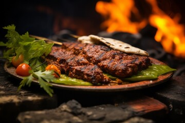Hearty kebab on a palm leaf plate against a natural brick background