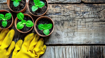 Yellow gardening gloves and seedlings on an old wooden table. Seedlings reaching for the sky on a time-worn surface. - Powered by Adobe