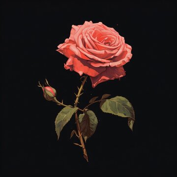 Painted red rose with leaves and bud on black background. Flowering flowers, a symbol of spring, new life.
