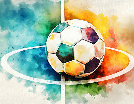 abstract Football ball on the court and luxury grunge watercolor for background.