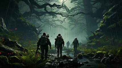 A group of military men in field uniform follows a shadowed path in a dense, foggy forest. Concept: military exercises, survival in extreme conditions and intelligence activities. - obrazy, fototapety, plakaty