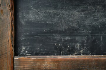 Detail of chalk stained black board with wooden frame. Horizontal composition.