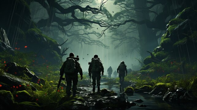 A group of military men in field uniform follows a shadowed path in a dense, foggy forest. Concept: military exercises, survival in extreme conditions and intelligence activities.