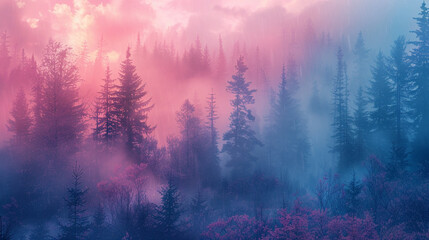 In a pastel world fog wraps the forest as gentle rain falls weaving a futuristic tapestry of nature...