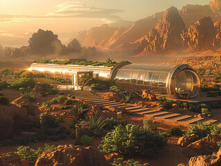 In a future where farmhouses dot the Martian landscape advanced technology merges with rural tranquility nurturing life on the red planet high resolution. - obrazy, fototapety, plakaty