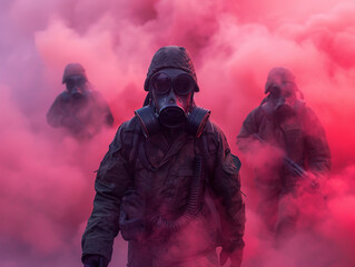 Soldiers don gas masks as colorful dust fills the air a minimal tale of survival where oxygen becomes the currency of life minimalist. - obrazy, fototapety, plakaty