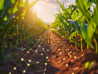 In a world of minimal design corn engineered to release colorful dust upon touch introduces a new era of futuristic farming 8K. - obrazy, fototapety, plakaty