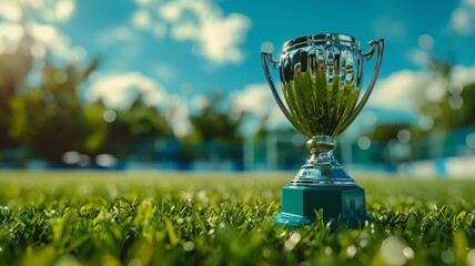 Shining sports trophy placed on the turf symbolizing achievement and victory