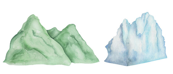 Watercolor set of illustrations. Hand painted green mountain, hill in grass. Blue, white iceberg, floating ice. Ice floe. Glacier in sea, Arctic ocean, Antarctic. Alpinism. Isolated nature clip art - obrazy, fototapety, plakaty