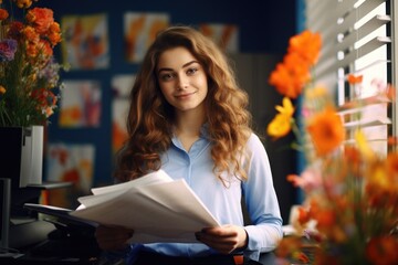 young woman in the office. girl assistant manager, secretary or manager. documents and flowers around - obrazy, fototapety, plakaty