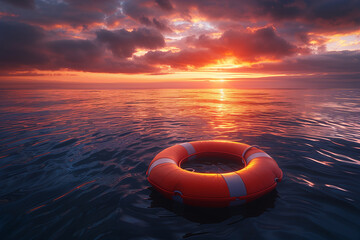 Orange lifebuoy floating at sea sunset sunrise  - obrazy, fototapety, plakaty
