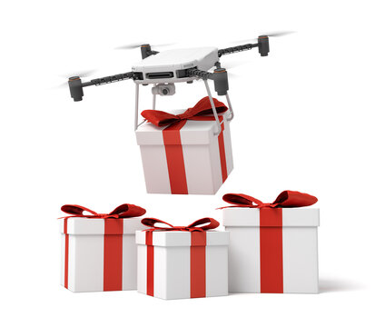 3d rendering of drone with camera delivering white present box