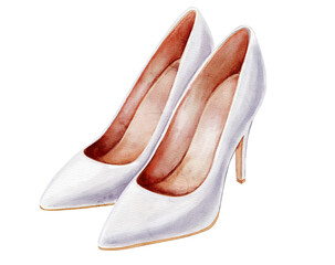 Wedding women's white shoes. Watercolor illustration