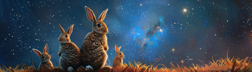 A painting of four rabbits sitting on a hillside under a starry sky. The painting conveys a sense of peace and tranquility, as the rabbits are surrounded by the beauty of nature