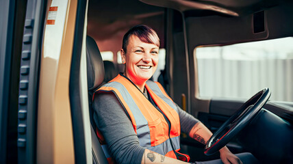 Experienced trucker, blonde, tattooed, wearing orange reflective vest, Eastern European origin.