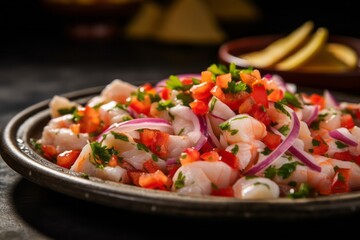 Juicy ceviche on a slate plate against a natural brick background