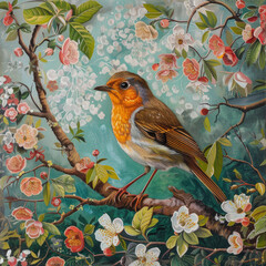 A painting of a bird sitting on a branch with pink flowers in the background. The bird is a robin and is perched on a branch with its head tilted. The painting has a serene and peaceful mood