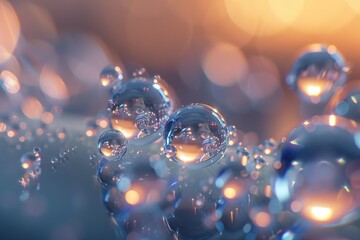 Transparent water droplets with reflections on a blue background with a warm light bokeh effect. - obrazy, fototapety, plakaty