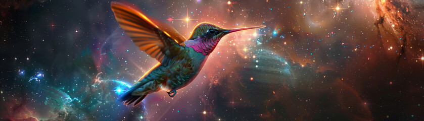 A colorful hummingbird is flying through a galaxy of stars. The image is a beautiful and vibrant representation of the natural world and the vastness of the universe - obrazy, fototapety, plakaty
